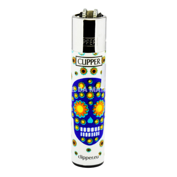 Isqueiro Clipper Happy Skulls de frente tabacaria da mata