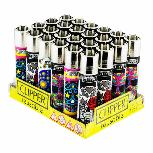 Caixa de Isqueiro Clipper Happy Skulls de lado tabacaria da mata