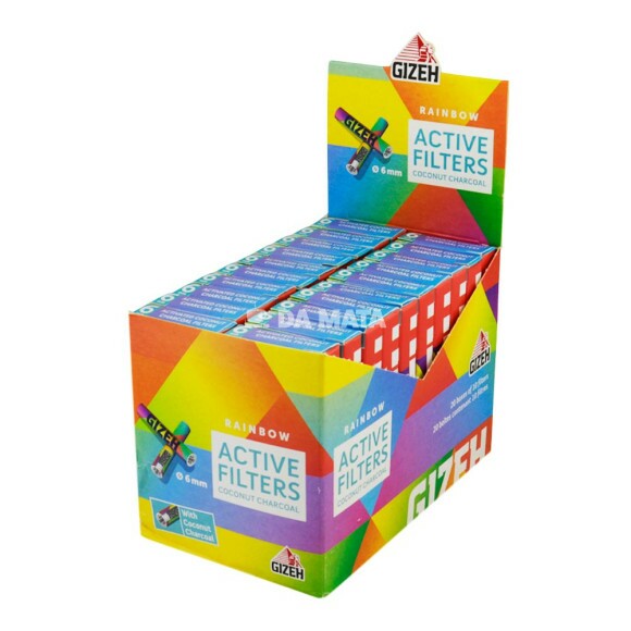 Caixa de Filtro Carvão Gizeh Rainbow Active de lado tabacaria da mata