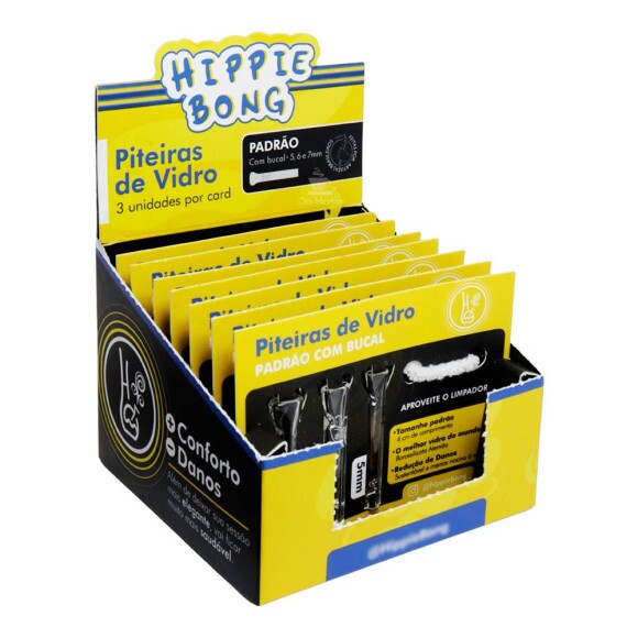  Caixa c/ Cartelas de c/3 Piteiras de Vidro Padrão da Hippie Bong