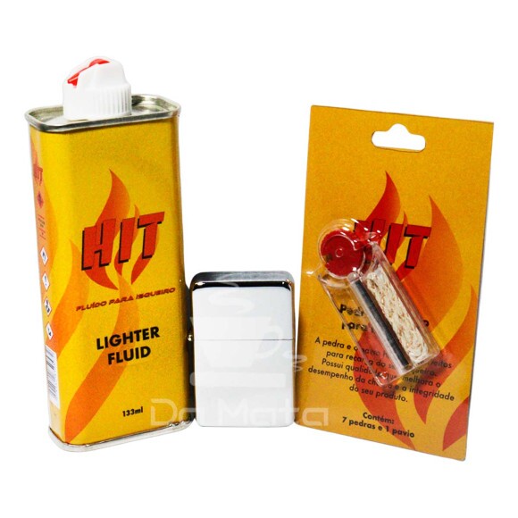 Kit Fluido HIT + Pavio e Pedra + Isqueiro Cromado