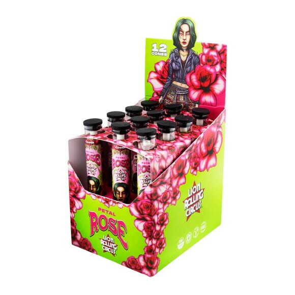 Caixa de Cone Pré-Enrolado Lion Rolling Circus Petal Rose de frente aberto