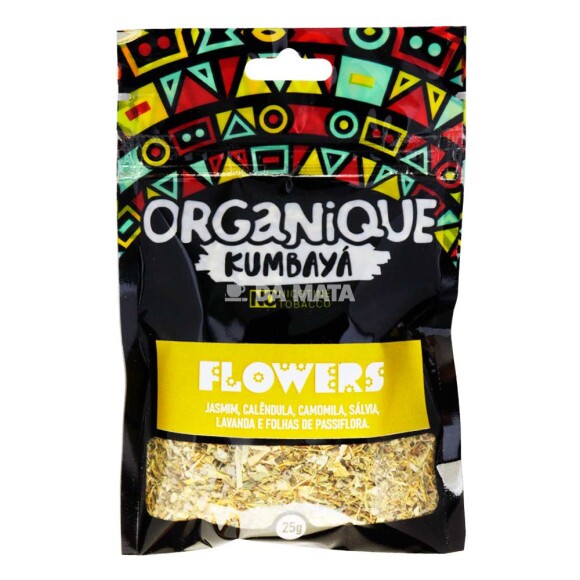 Organique Kumbayá Flowers 25g de frente tabacaria da mata