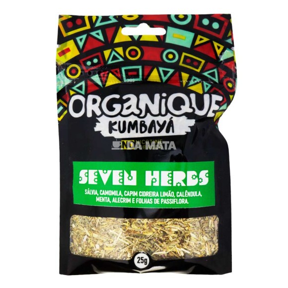 Organique Kumbayá Seven Herbs 25g de frente tabacaria da mata
