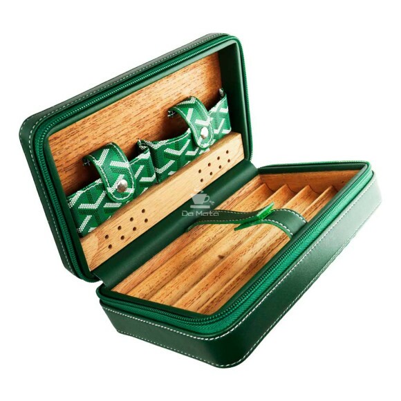 Porta Charutos Couro Verde P/4un de frente aberto