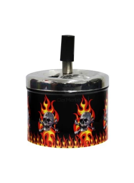 Cinzeiro de Metal c/ Tampa Giratória Skull on Fire