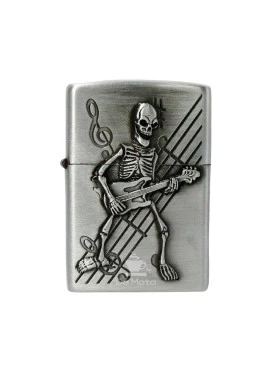 Isqueiro de Metal Prata Skeleton Playing Guitar